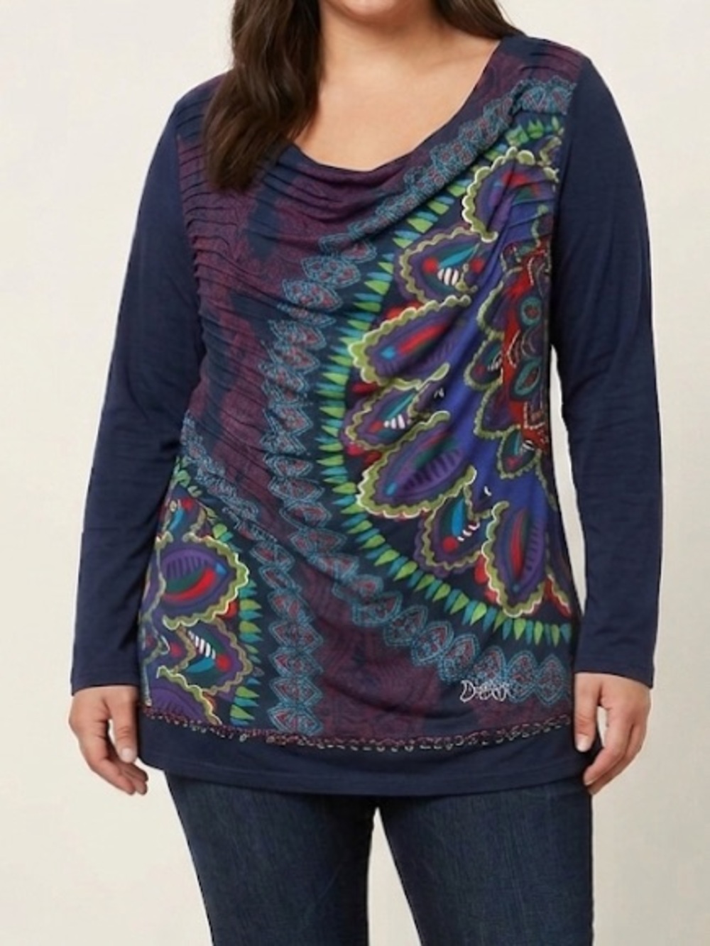 Desigual Long Sleeve Top Size XL Colorful Paisley Print Boho Cowl Neck